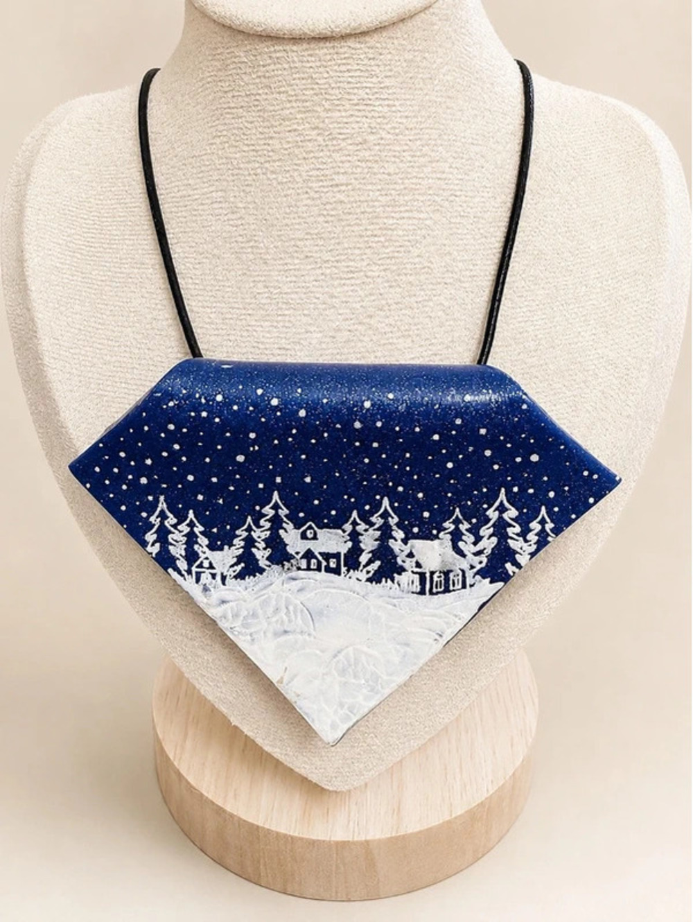 Title: Hand-Painted Winter Village Polymer Clay Necklace